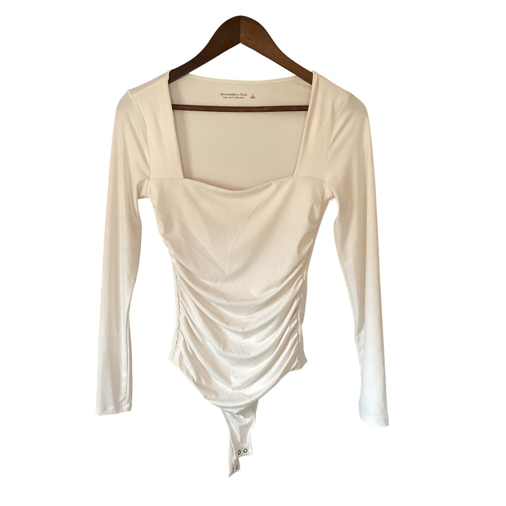 Abercrombie Women Soft A&F Square Neck Bodysuit S Cream 90s Minimalist Capsule